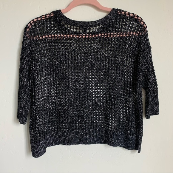 Express Boho Black Metallic Loose Knit Oversized 3/4 Sleeve Sweater Extra Small - Picture 6 of 8